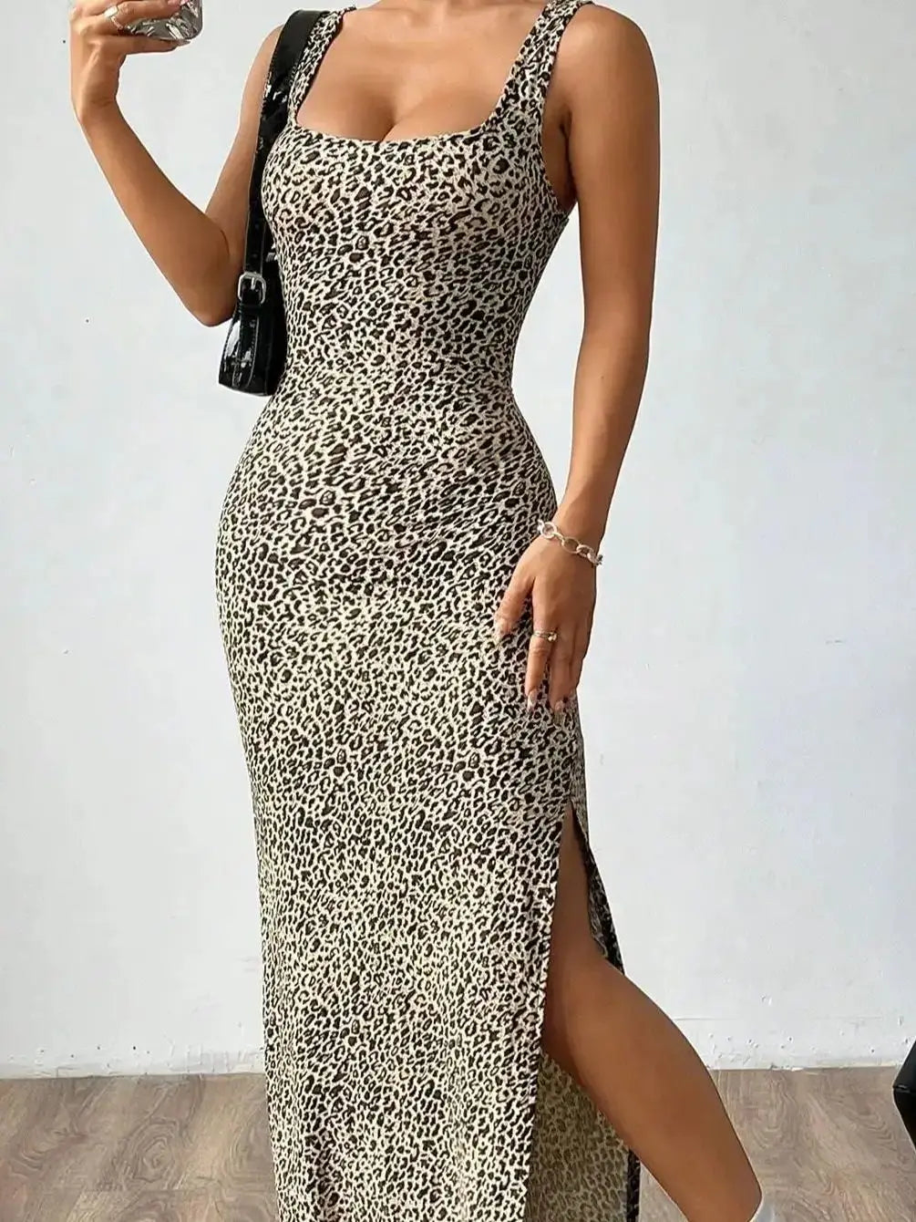 Animal Print Maxi Dress – Sleeveless Square Neck Bodycon Dress with Side Slit, Fitted Silhouette and Floor-Length Design for Casual & Resort Wear