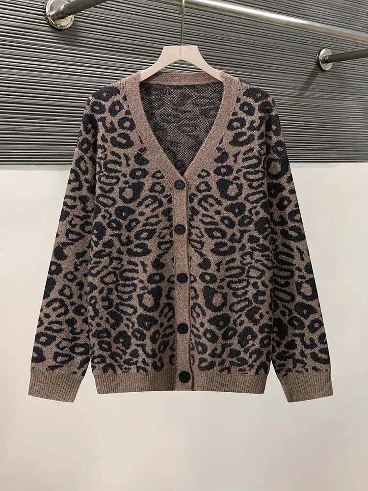 Leopard Print Knit Cardigan, V-Neck Button Front Sweater with Ribbed Trim, Animal Print Cozy Layering Top for Fall Winter
