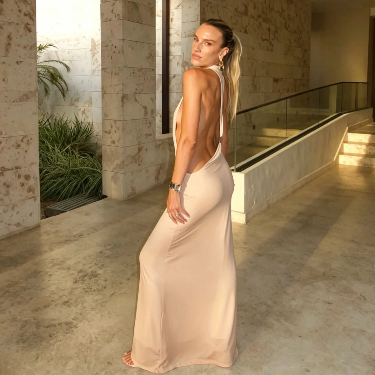 Backless Maxi Dress – Halter Neck Open Back Dress with Draped Silhouette, Low Back Design and Elegant Floor-Length Style