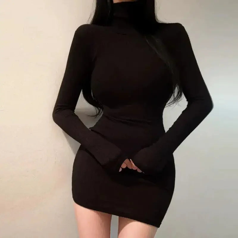 Ribbed Turtleneck Mini Dress – Long Sleeve Bodycon Sweater Dress with Fitted Silhouette, Stretch Knit Fabric and Cozy Fall Style