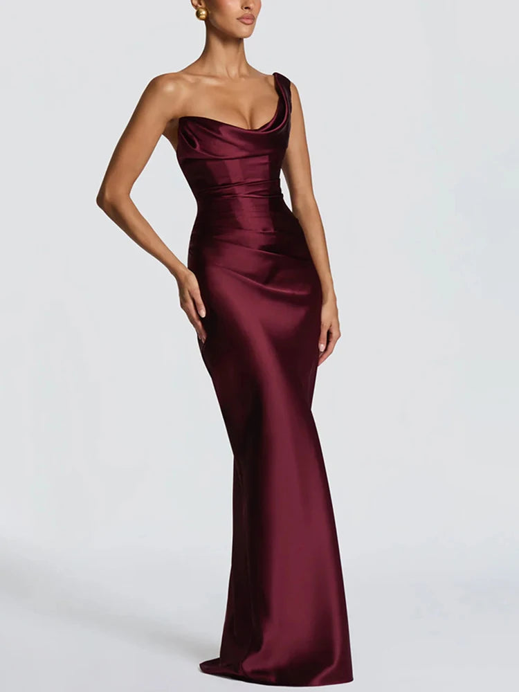 Satin Corset Maxi Dress – Draped Off Shoulder Dress with Spaghetti Straps, Lace-Up Back, Fitted Waist and Floor-Length Skirt