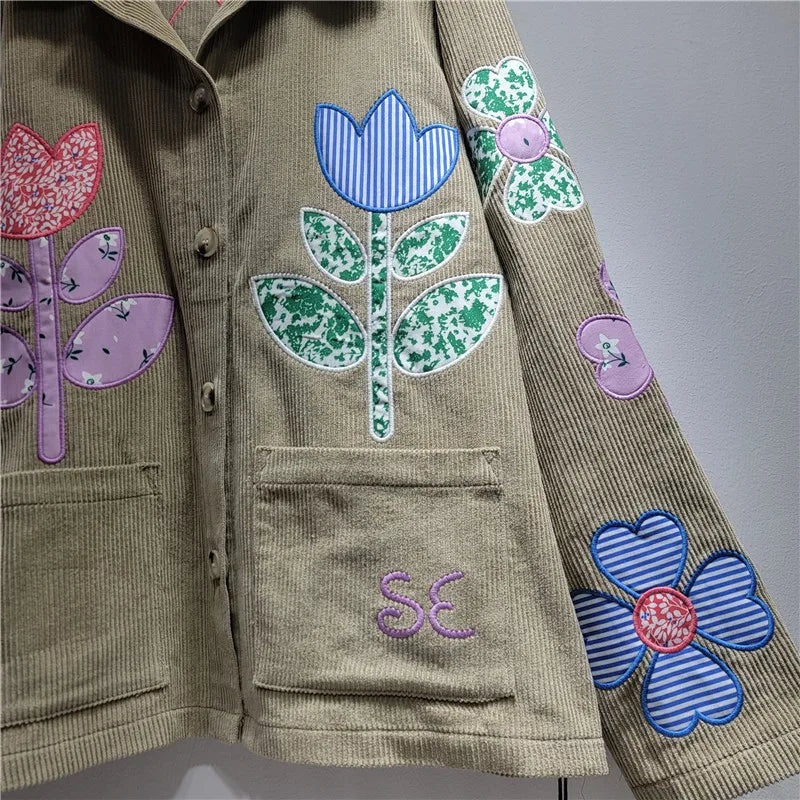 Embroidered Corduroy Utility Jacket, Floral Patchwork Button-Up Jacket with Collared Design, Casual Statement Outerwear