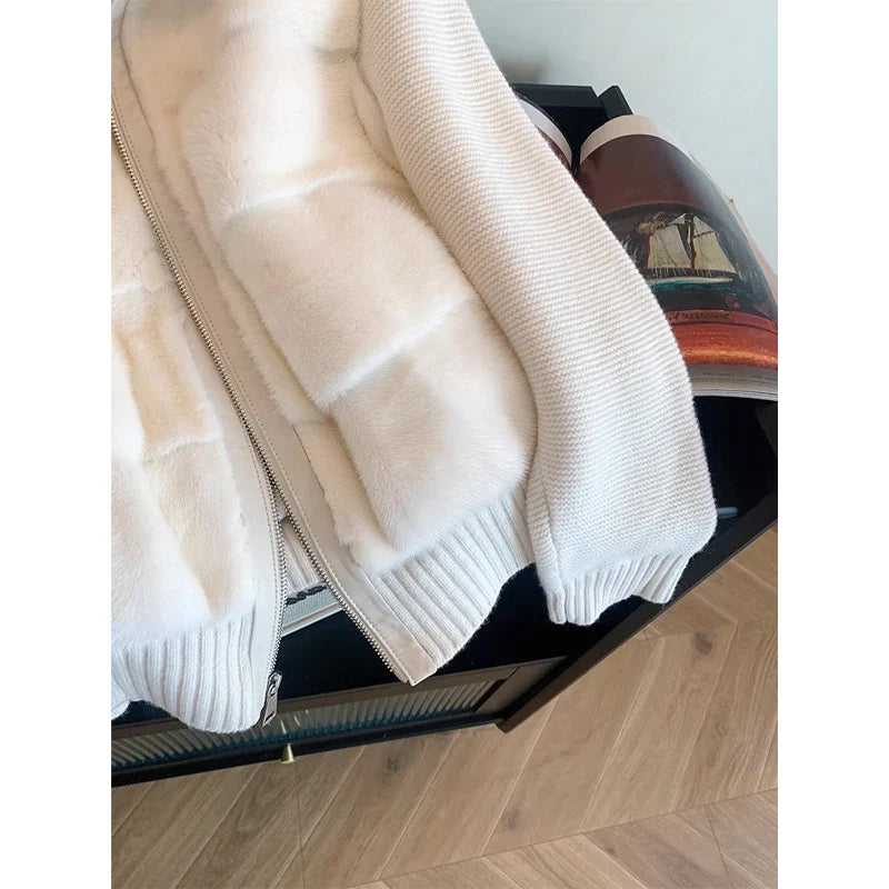 Faux Fur Panel Knit Jacket, Zip-Up Cardigan with Ribbed Collar and Cuffs, Cozy Winter Layering Outerwear