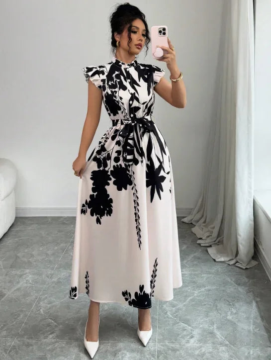 Floral Maxi Dress – Short Sleeve V-Neck Dress with Defined Waist, Tie Detail, Flowing Skirt and Elegant Botanical Print for Events