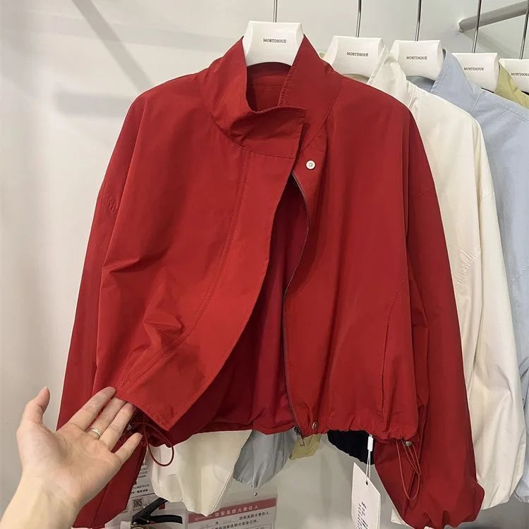 Oversized Utility Bomber Jacket with Stand Collar, Lightweight Zip-Up Jacket with Snap Details, Casual Transitional Outerwear