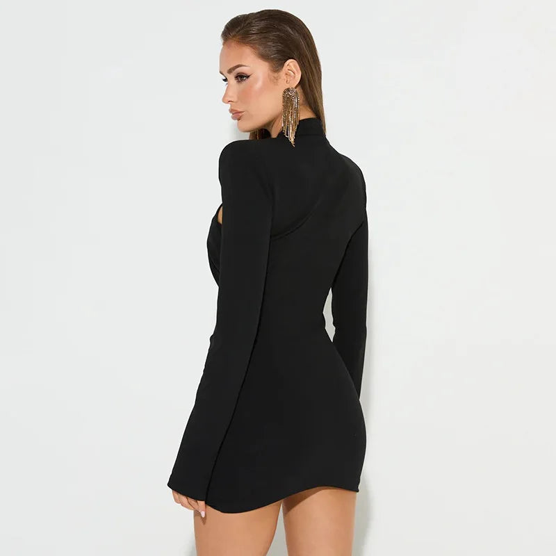 Cutout Mini Dress – Long Sleeve Bodycon Dress with Structured Shoulders, Keyhole Neckline and Ruched Skirt for Cocktail Parties & Events
