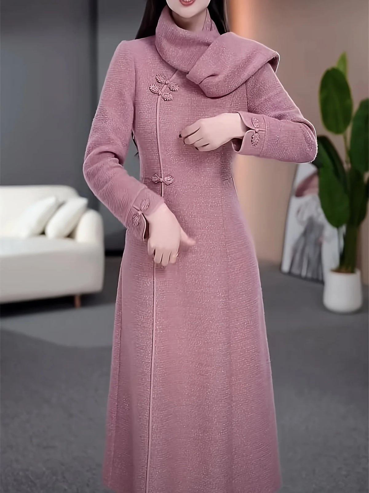 Long Knit Maxi Dress – Turtleneck Sweater Dress with Oversized Collar, Long Sleeves, Button Front and Elegant Winter Silhouette