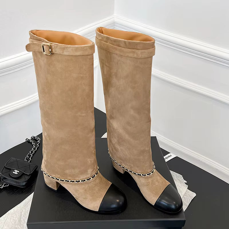 Knee High Suede Boots | Buckle Strap Block Heel Boots | Chain Detail Tall Fashion Booties