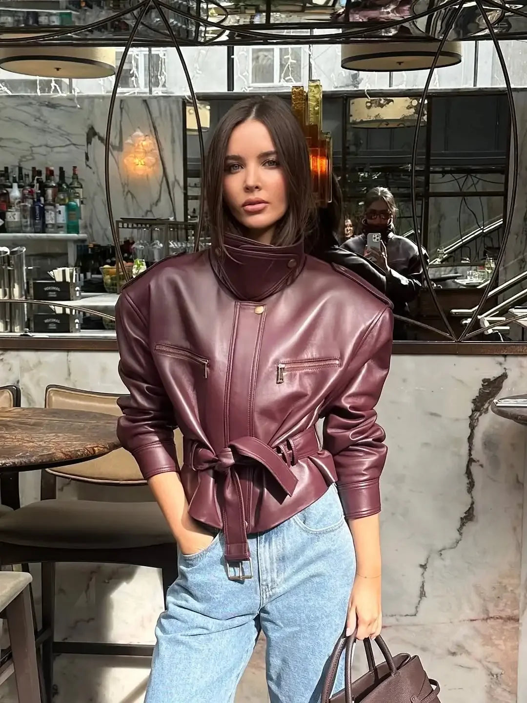 Faux Leather Biker Jacket, Belted Moto Jacket with High Neck and Utility Pockets, Structured Chic Streetwear Outerwear