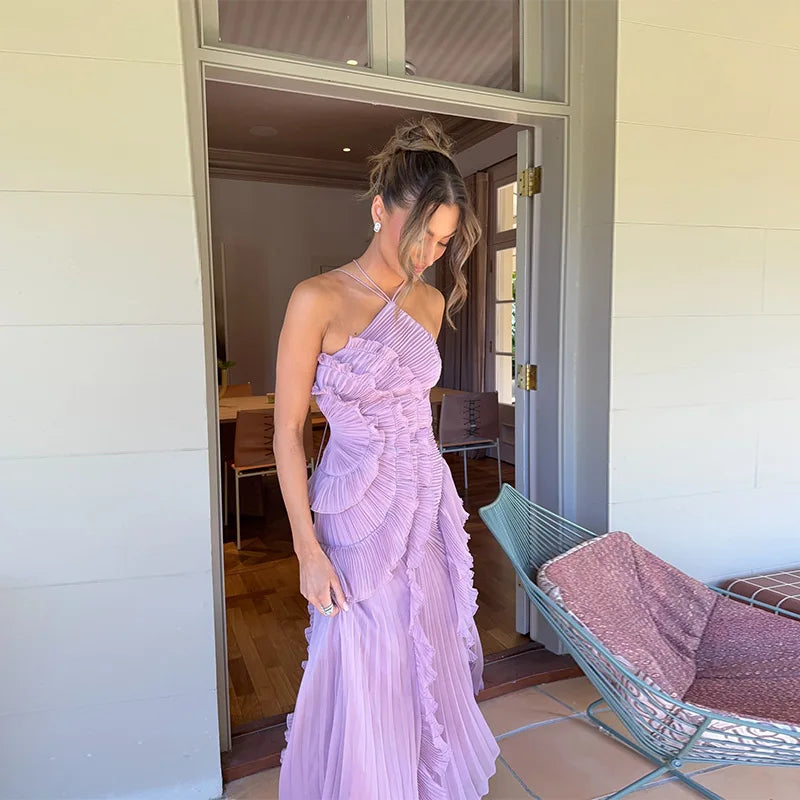 Ruffled Maxi Dress – Sleeveless Halter Neck Dress with Cascading Ruffle Detail, Ruched Bodice and High Side Slit for Parties & Vacations