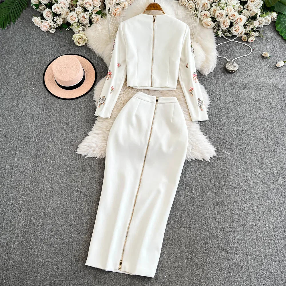 Floral Embroidered Top & Midi Skirt Co-Ord Set | Long Sleeve Two Piece Outfit | Elegant Casual Matching Set for Brunch & Events