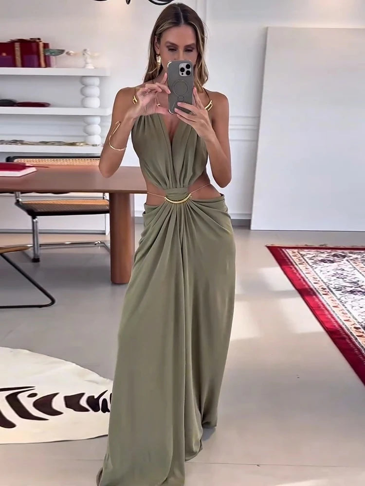Draped Cutout Maxi Dress – Sleeveless Plunge Neck Dress with Ruched Waist, Open Side Detail and Floor-Length Draped Skirt