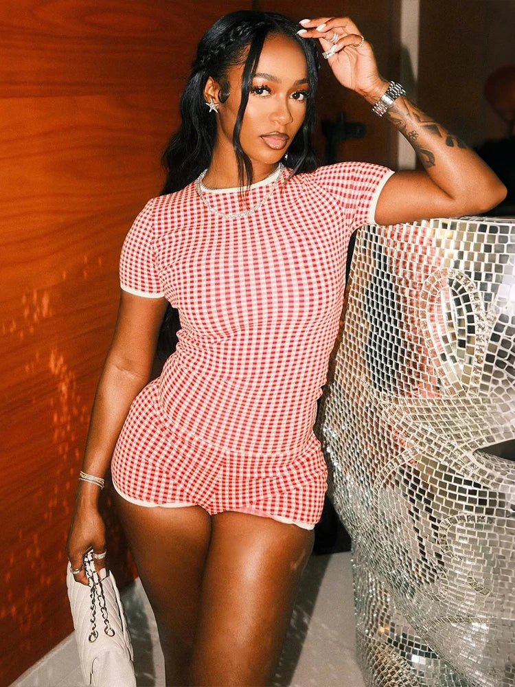 Gingham Print Romper with Fitted Waist & Short Sleeves | Casual Mini Playsuit Outfit | Chic Summer Party & Vacation Wear
