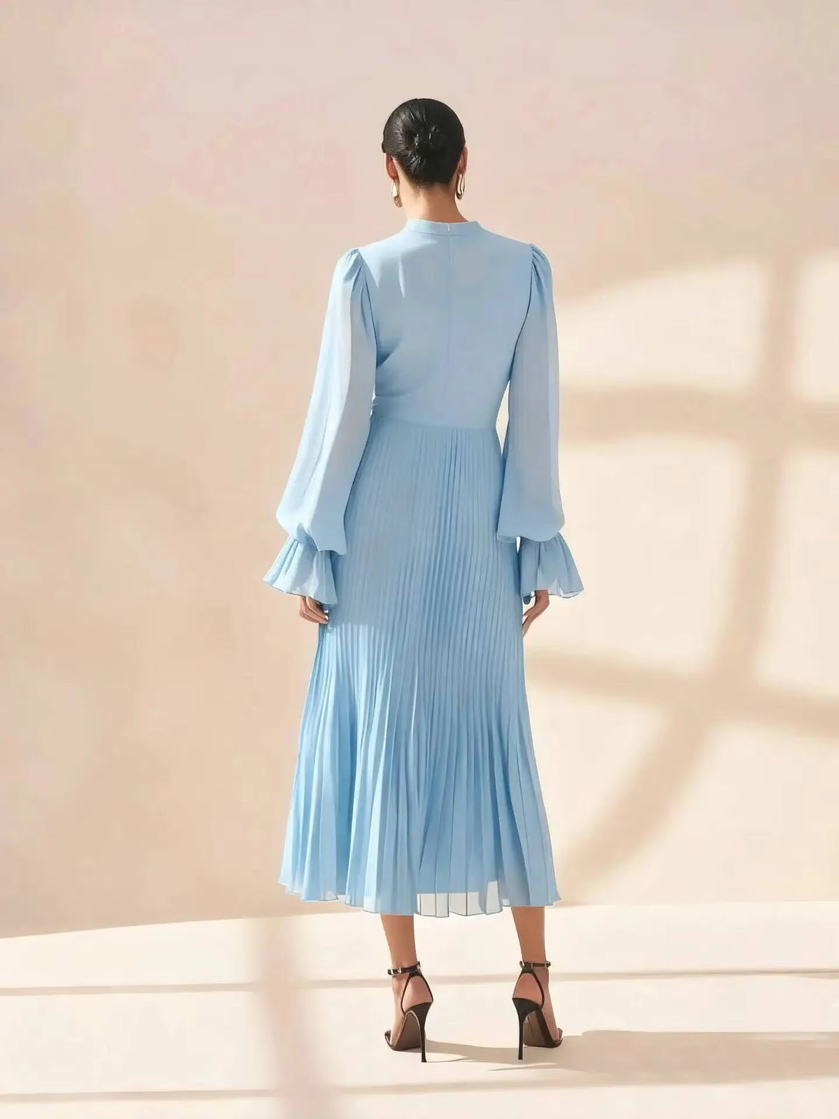 Pleated Ruffle Midi Dress – Long Sleeve Chiffon Dress with High Neckline, Keyhole Detail, Balloon Sleeves and Asymmetrical Tiered Hem