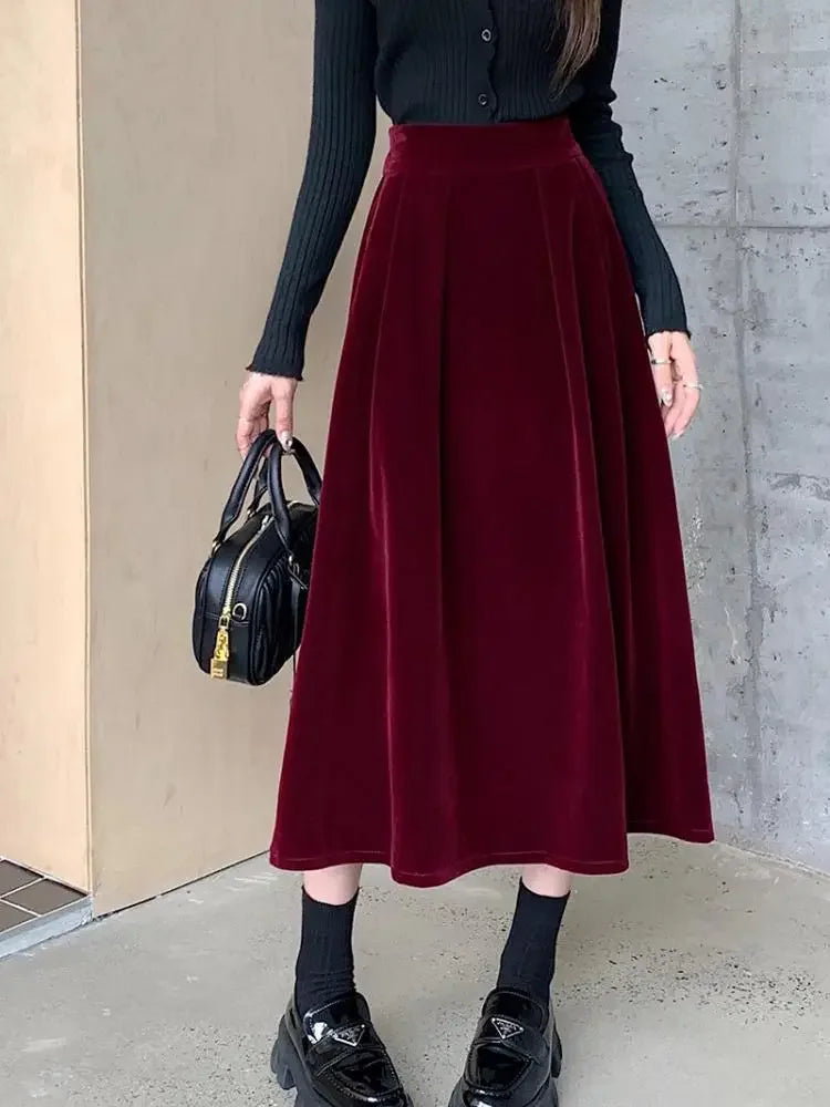 High Waisted A Line Midi Skirt Flared Pleated Long Skirt Elastic Waist Elegant Casual Office Party Winter Bottomwear