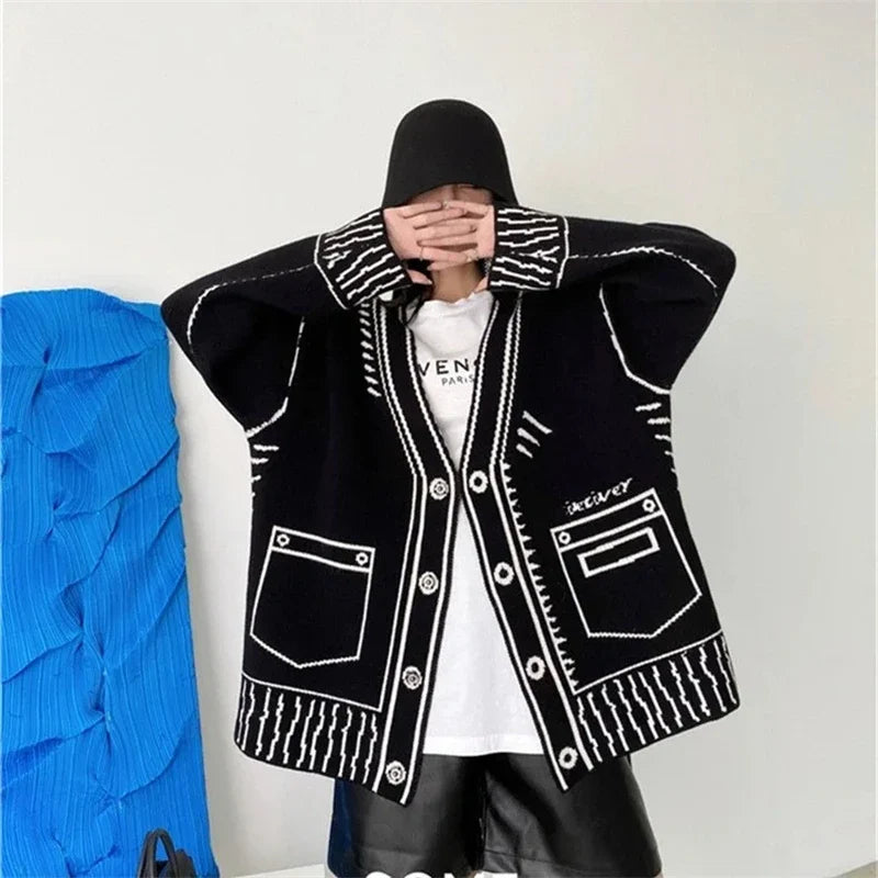 Graphic Knit Cardigan Jacket, Oversized Button-Up Sweater with Contrast Pattern and Patch Pockets, Cozy Casual Outerwear