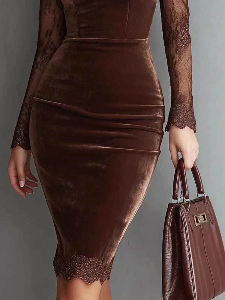 Lace Velvet Midi Dress – Long Sleeve Bodycon Dress with Sheer Lace Neckline, Fitted Waist and Elegant Evening Silhouette