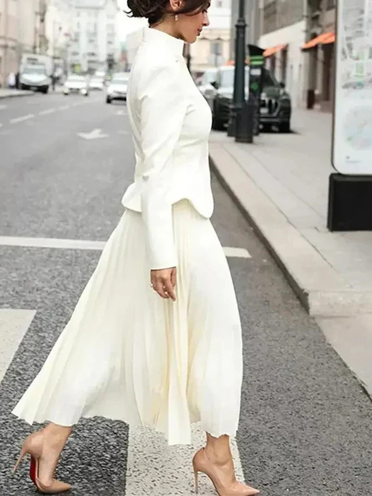 Mandarin Collar Blazer & Pleated Midi Skirt Co-Ord Set | Tailored Long Sleeve Two Piece Outfit | Elegant Office & Formal Matching Set