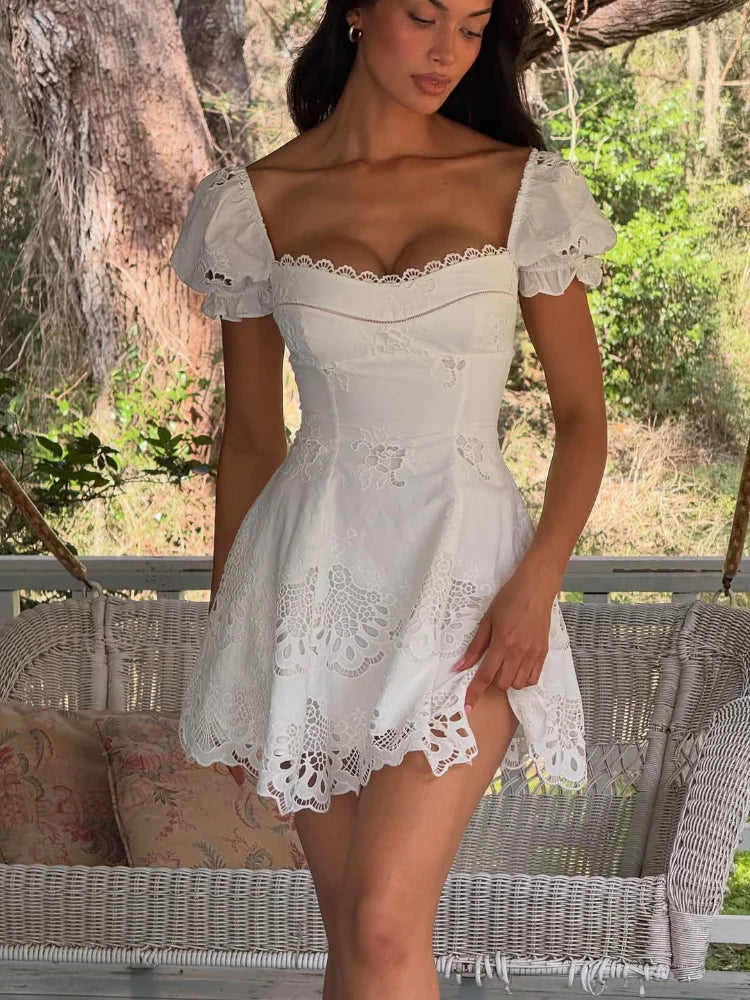Romantic Mini Dress – Short Puff Sleeve Square Neck Dress with Fitted Bodice, Corset Waist and Flared Skirt for Weddings & Summer Events