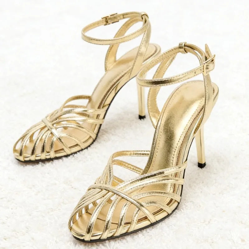 Women's Gold Strappy High Heel Sandals – Elegant Open Toe Ankle Strap Stiletto Heels for Wedding, Party, Evening & Formal Wear
