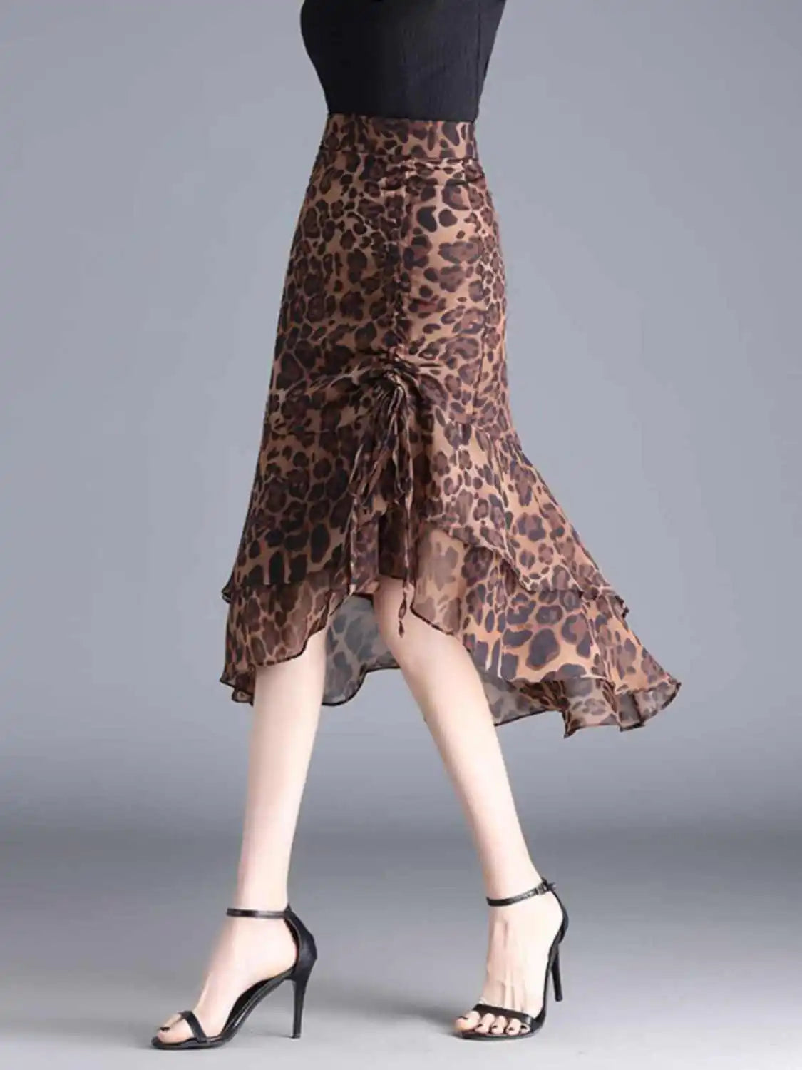 High Waisted Animal Print Midi Skirt Asymmetrical Ruffle Hem Flared Skirt Leopard Print Party Date Night Vacation Wear