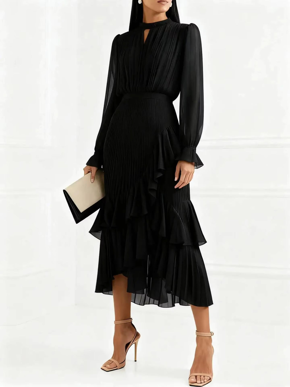 Pleated Ruffle Midi Dress – Long Sleeve Chiffon Dress with High Neckline, Keyhole Detail, Balloon Sleeves and Asymmetrical Tiered Hem