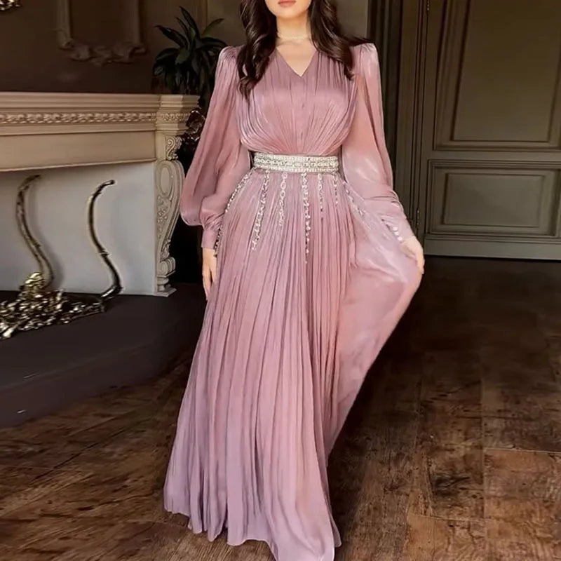 Elegant Maxi Dress – Off Shoulder Long Sleeve Gown with Ruched Bodice, Waist Belt and Flowing Floor-Length Skirt for Weddings & Events