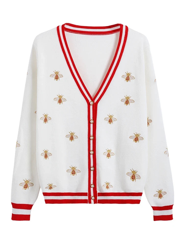 Floral Embroidered Cardigan, Button-Up Knit Sweater with Contrast Trim and V-Neck, Feminine Casual Layering Outerwear