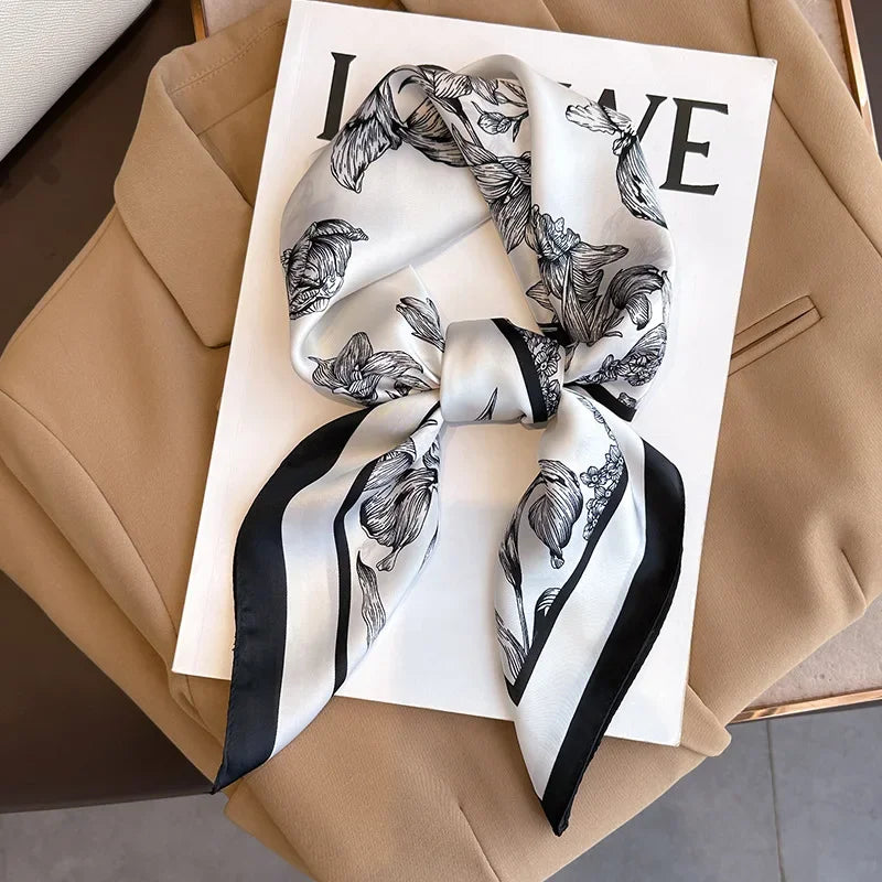 Floral Print Satin-Look Scarf, Elegant Botanical Neck Wrap with Contrast Border, Classic Square Scarf for Women