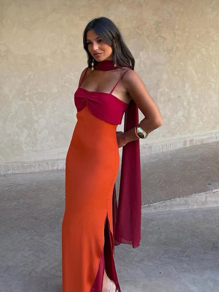 Halter Maxi Dress – Strapless Draped Dress with Open Side Slit, Long Scarf Detail and Flowing Floor-Length Silhouette