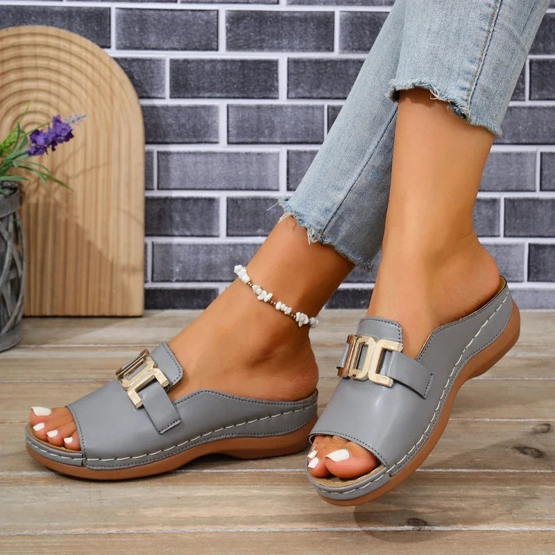 Wedge orthopaedic Mule Sandals | Buckle Embellished Open Toe Shoes | Comfortable Platform Summer Slides