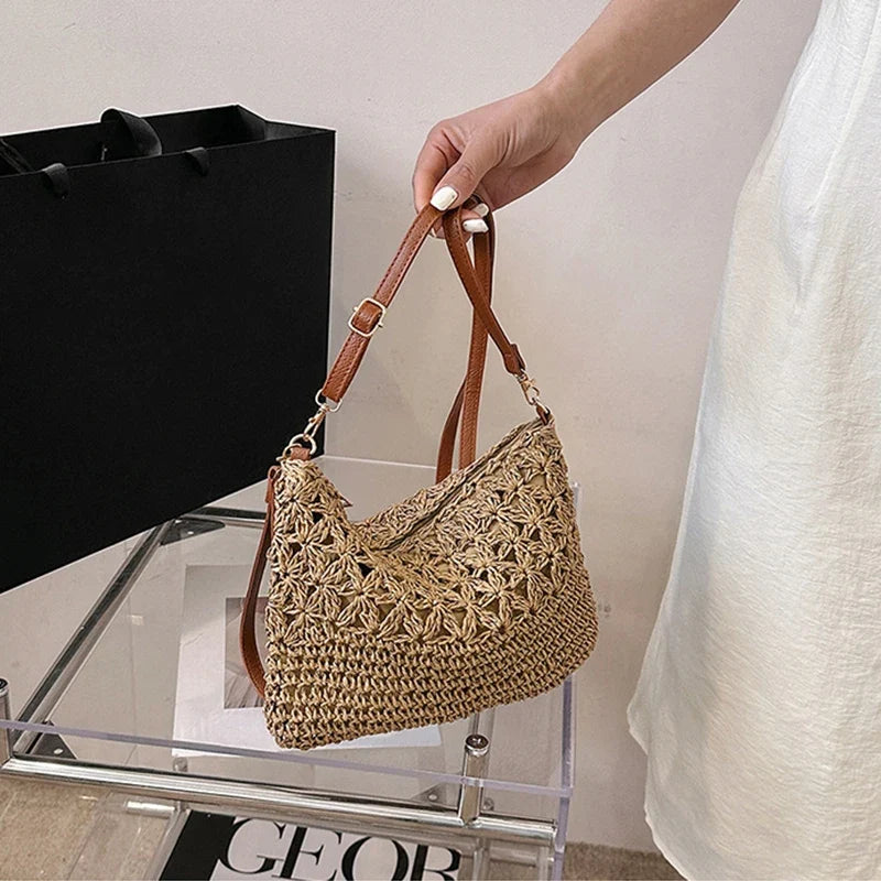 Crochet Shoulder Bag, Handmade-Style Woven Hobo Purse with Leather Accent Strap, Boho Summer Handbag for Beach, Travel & Everyday Use