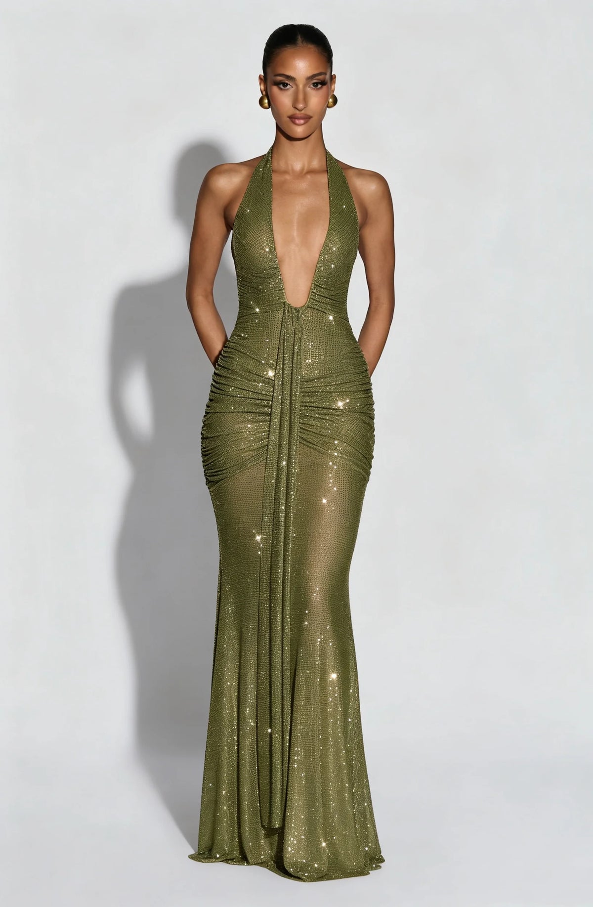 Halter Neck Sequin Maxi Dress – Deep Plunge Evening Gown with All-Over Sparkle, Ruched Bodycon Silhouette and Floor-Length Draped Skirt