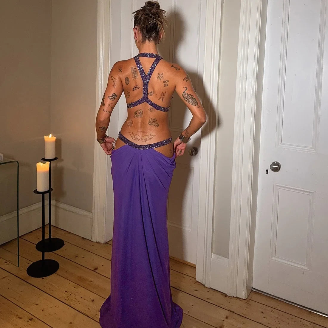 Halter Cutout Maxi Dress – Sleeveless Backless Dress with Strappy Waist Detail, Fitted Bodice and Flowing Floor-Length Skirt for Evening Wear
