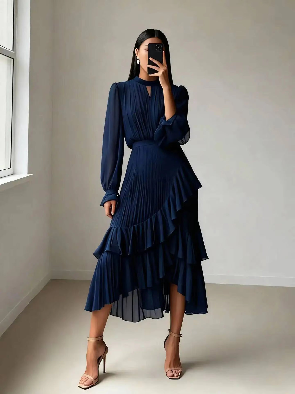 Pleated Ruffle Midi Dress – Long Sleeve Chiffon Dress with High Neckline, Keyhole Detail, Balloon Sleeves and Asymmetrical Tiered Hem