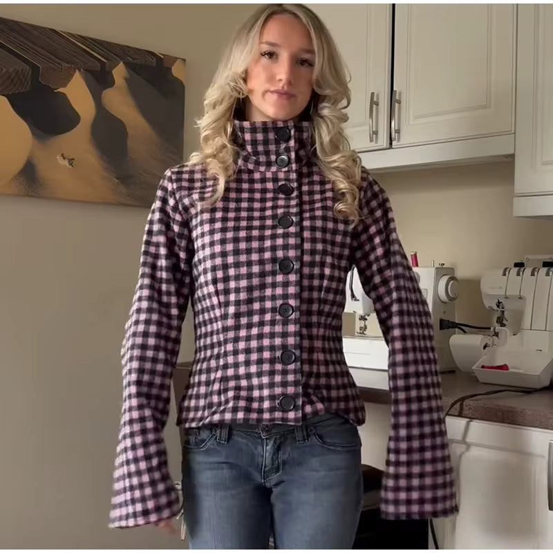 Plaid & Button Up Jacket – Women's Oversized Wool Look Shacket with High Collar, Long Sleeves and Classic Check Pattern