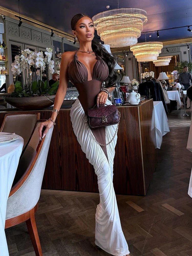 Mermaid Maxi Dress – Plunge Neck Bodycon Gown with Draped Waist, Corset-Inspired Bodice and Flared Floor-Length Skirt for Formal Events
