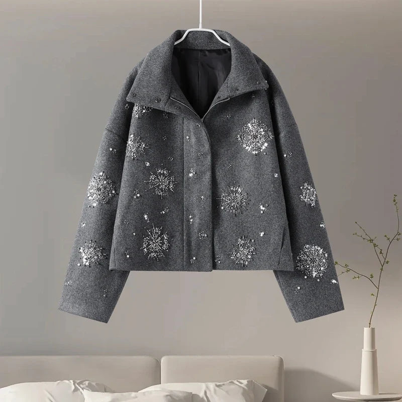 Embellished High Neck Jacket, Floral Pattern Knit Zip-Up Jacket, Oversized Cozy Winter Outerwear