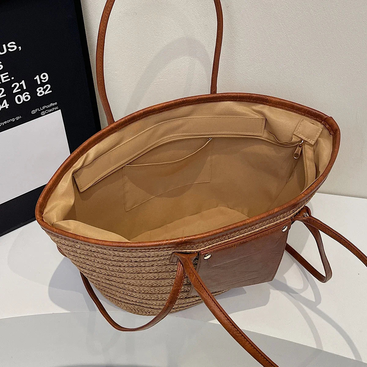 Straw Tote Bag, Woven Beach Handbag with Genuine Leather Accents, Large Summer Shoulder Bag with Long Handles & Crossbody Strap