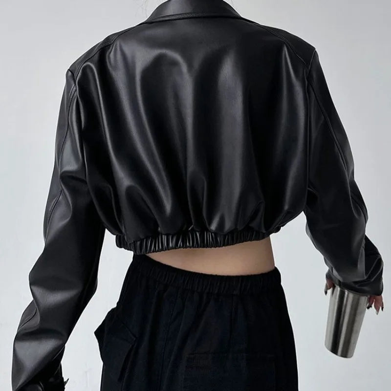 Cropped Faux Leather Bomber Jacket, Zip-Up Jacket with Voluminous Sleeves and Elasticated Hem, Edgy Casual Streetwear Outerwear