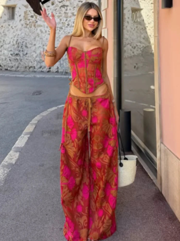 Strapless Corset Crop Top & Flared Maxi Skirt Co-Ord Set | Floral Two Piece Outfit with Lace-Up Detail | Chic Vacation &amp; Party Wear