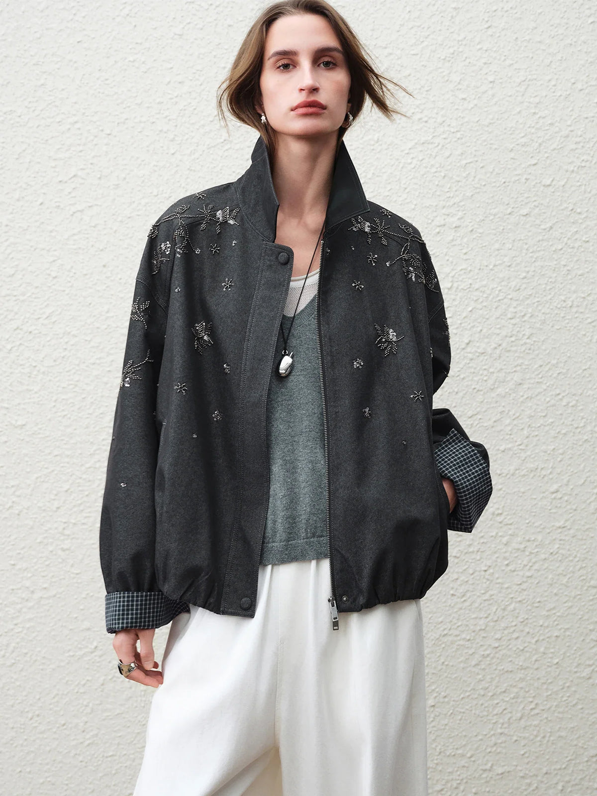 Embellished Bomber Jacket, Oversized Zip-Up Jacket with Stand Collar and Ribbed Cuffs, Relaxed Fit Casual Transitional Outerwear