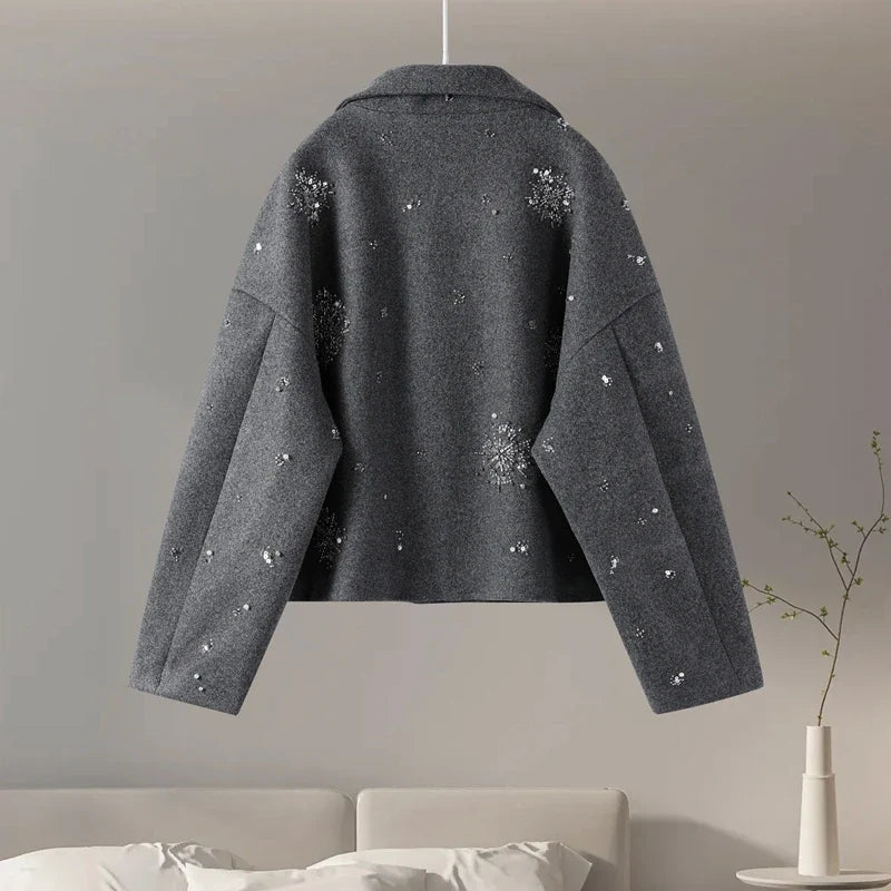 Embellished High Neck Jacket, Floral Pattern Knit Zip-Up Jacket, Oversized Cozy Winter Outerwear