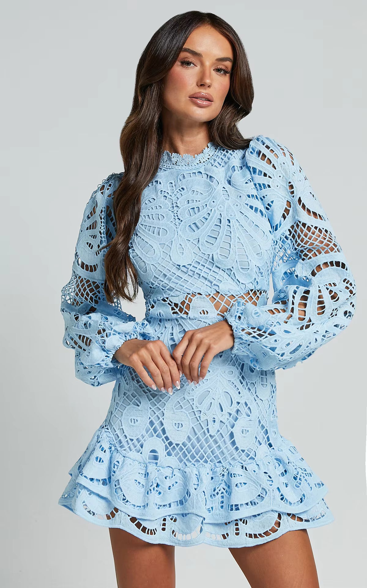 Lace Mini Dress – Long Sleeve Crochet Dress with High Neckline, Intricate Cutout Embroidery, Fitted Waist and Ruffle Hem