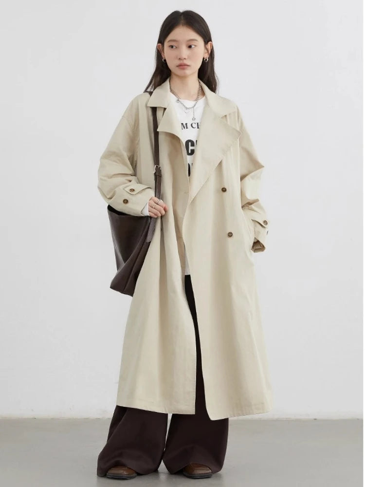 Classic Double-Breasted Trench Coat, Longline Coat with Wide Lapels and Adjustable Cuffs, Elegant Minimalist Transitional Outerwear