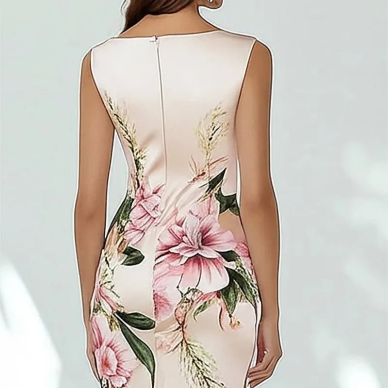 Floral Midi Dress – Sleeveless V-Neck Bodycon Dress with Fitted Silhouette and Botanical Print for Weddings, Brunch, Date Nights & Events