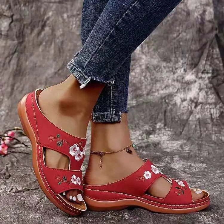 Floral orthopaedic Wedge Sandals | Embroidered Platform Mules | Comfortable Open Toe Summer Shoes