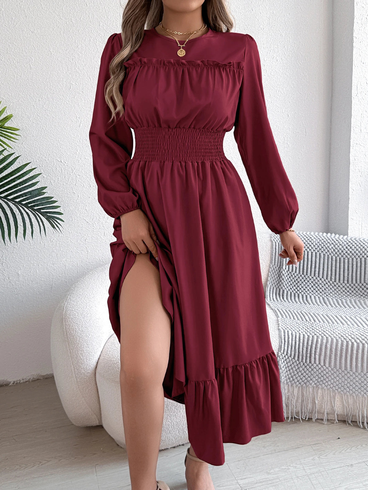 Long Sleeve Midi Dress – Square Neck Dress with Smocked Waist, Puff Sleeves, Gathered Bodice and Tiered Ruffle Hem for Casual Wear