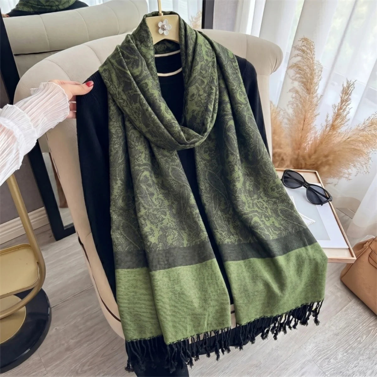 Women's Paisley Print Shawl Wrap, Ornamental Pattern Scarf with Fringed Ends, Long Shoulder Wrap for Women