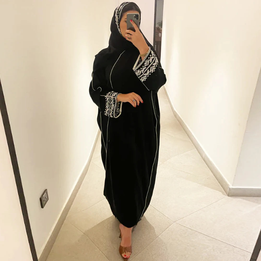 Embroidered Black Abaya with Belted Waist & Wide Sleeves | Modest Maxi Dress with Elegant Trim Detail | Muslim Occasion Wear